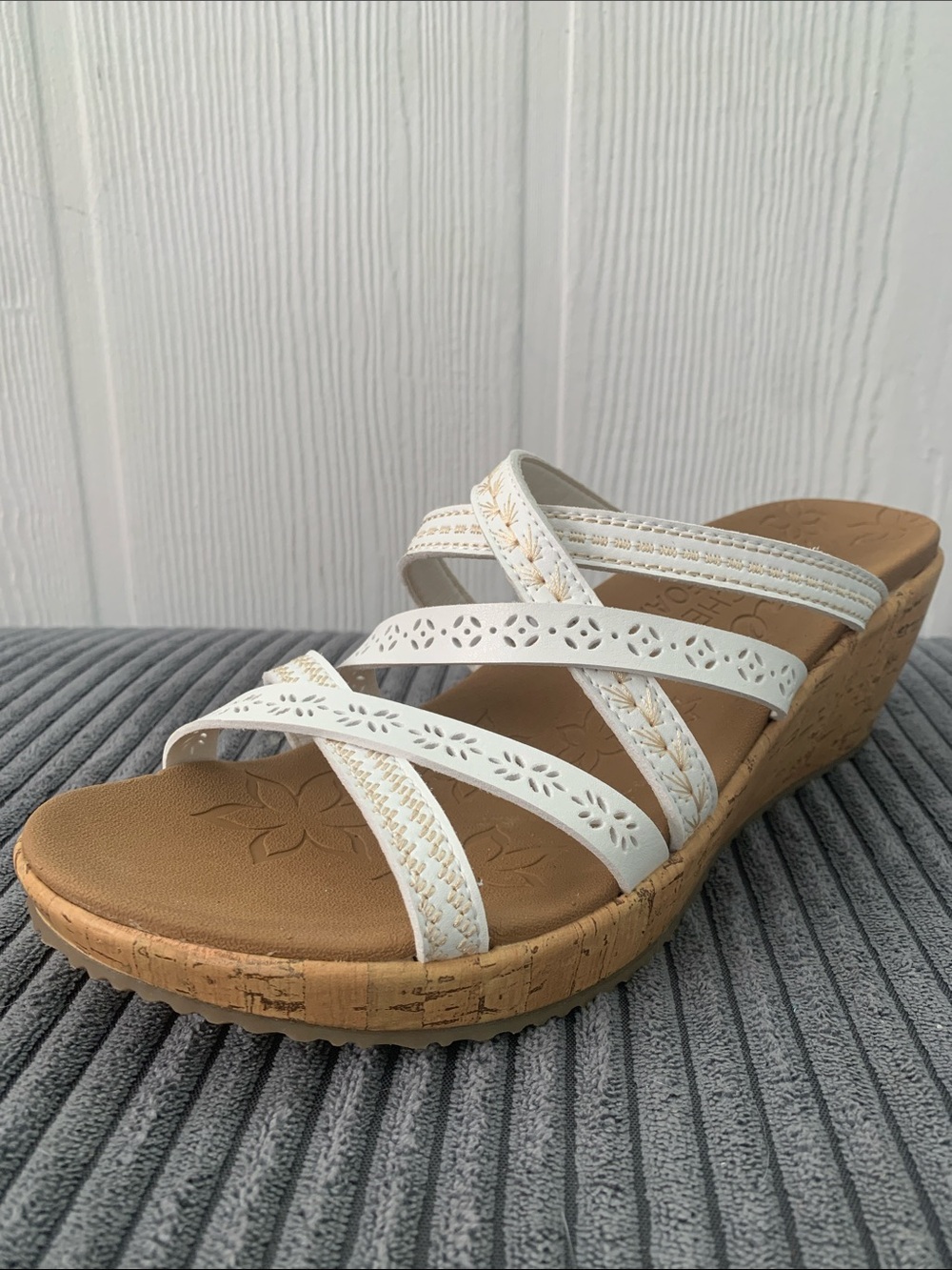 Skechers White and Tan Cork Wedge Sandals